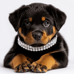 rottweiler puppy with a diamante necklace isolated on white