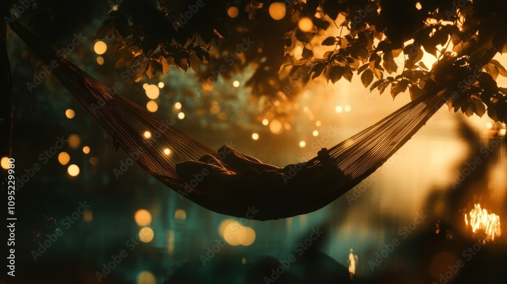 Aufkleber Silhouetted Figure Relaxing in a Hammock Underneath a Tree Canopy
