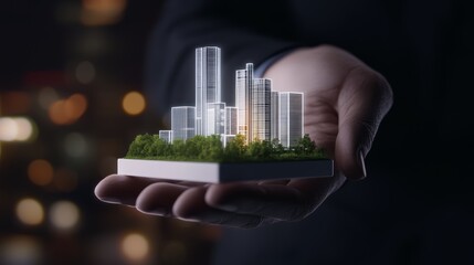 An augmented reality hologram of a sustainable village with communal gardens and solar energy grids.