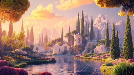 the cuntry, generative ai, landscape, architecture, curtoone, chasny house, background, art nouveau, city, skyline, skyscraper, building, water, lake, nature, autumn, river, sky, tree, reflection,