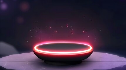 Futuristic black podium with glowing pink neon light, dark abstract background, ideal for technology, product display, or sci-fi themes
