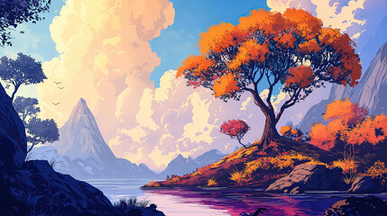 the cuntry, generative ai, landscape, architecture, curtoone, chasny house, background, art nouveau, city, skyline, skyscraper, building, water, lake, nature, autumn, river, sky, tree, reflection,