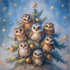 A group of festive owls nestled in a Christmas tree with golden ornaments