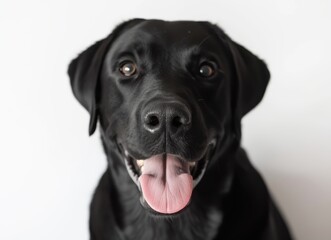 A Close-Up Portrait of a Happy Black Labrador Retriever with a Bright Expression Against a Light Background, Showcasing Its Playful Personality and Charismatic Features