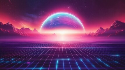 A retro-futuristic abstract background with neon lights, geometric grids, and an 80s sci-fi aesthetic, blending vintage and futuristic design elements