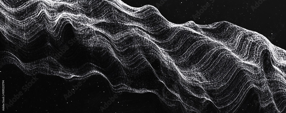 Poster abstract white particles flowing on black background