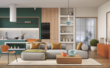 Studio room interior with lounge zone and cooking area furnished with sofa and dining table. Modern design solution, 3d rendering