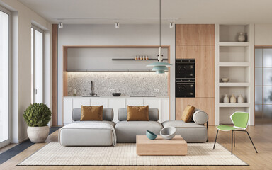 Studio room interior with lounge zone and cooking area furnished with sofa and dining table. Modern design solution, 3d rendering