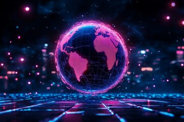 Obraz premium Abstract Floating Cyber Sphere in Dark Space Filled with Neon Lights and High-Tech Elements for Futuristic and Digital Themes