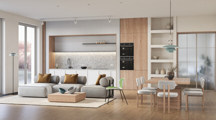 Studio room interior with lounge zone and cooking area furnished with sofa and dining table. Modern design solution, 3d rendering