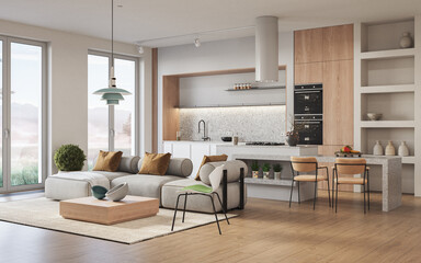 Studio room interior with lounge zone and cooking area furnished with sofa and dining table. Modern design solution, 3d rendering