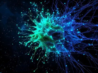 Abstract Digital Network Visualization of Interconnected Lines and Nodes in Vibrant Blue and Green Colors, Representing Complex Data Systems and Web Connectivity