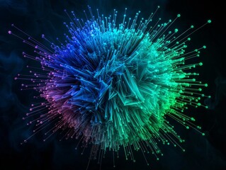 Obraz premium Abstract 3D globe design featuring radiating lines that connect various nodes, embodying a high-tech aesthetic with a blend of vibrant colors and intricate patterns.