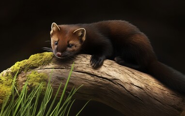 A Serene Marten Resting on a Moss-Covered Log in a Natural Forest Setting, Surrounded by Green Grass and Dark Background, Evoking a Sense of Peace and Wildlife Connection