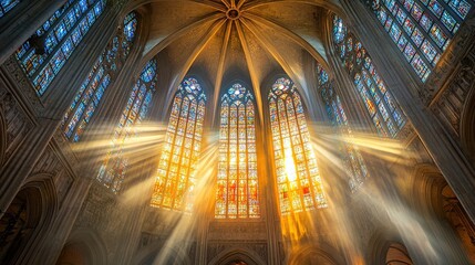 Obraz premium Divine Light Illuminates Gothic Cathedral's Stained Glass Windows