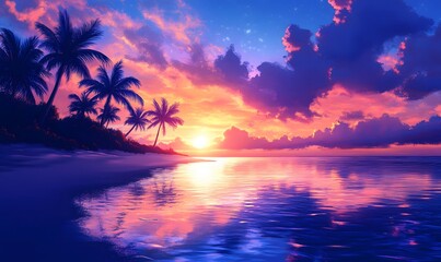 Fototapeta premium Luminous Blue Palms, Illustrate palm trees with a soft blue luminescence under a colorful sunset sky