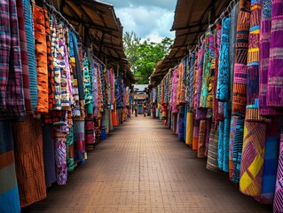 Obraz premium Vibrant Display of Colorful African Textiles Hanging in an Open Market Under a Blue Sky with Lush Greenery in the Background, Showcasing Rich Cultural Heritage