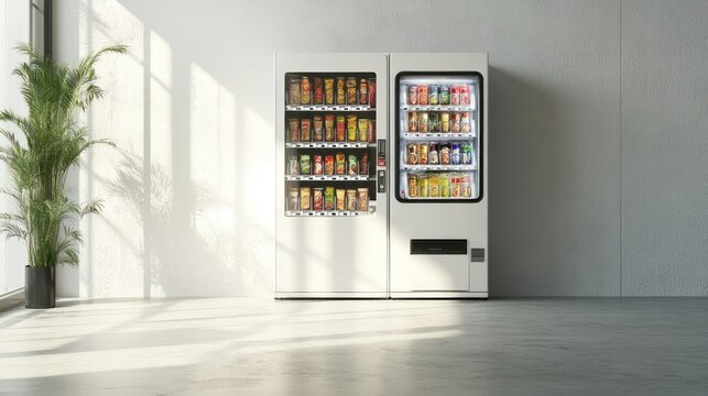 Blank white vending machine mockup illustration with snacks and drinks, isolated on white background