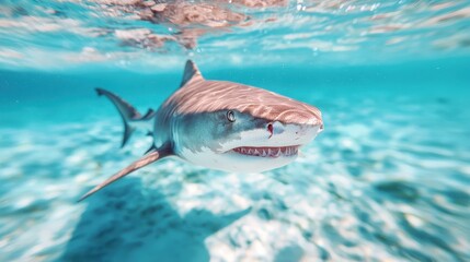 Majestic Tiger Shark Swimming in Crystal Clear Ocean Water