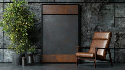 Fototapeta premium Modern Minimalist Interior Rustic Leather Chair Blank Canvas Plant