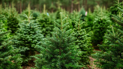 Lush evergreen Christmas trees, festive tree farm.