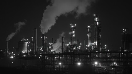 Obraz premium Black and white view of Oil Refinery at Night