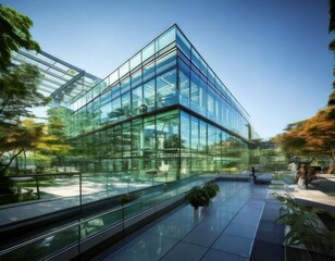 Fototapeta premium captivating image of a modern office building with a sleek glass facade that epitomizes contemporary architecture.