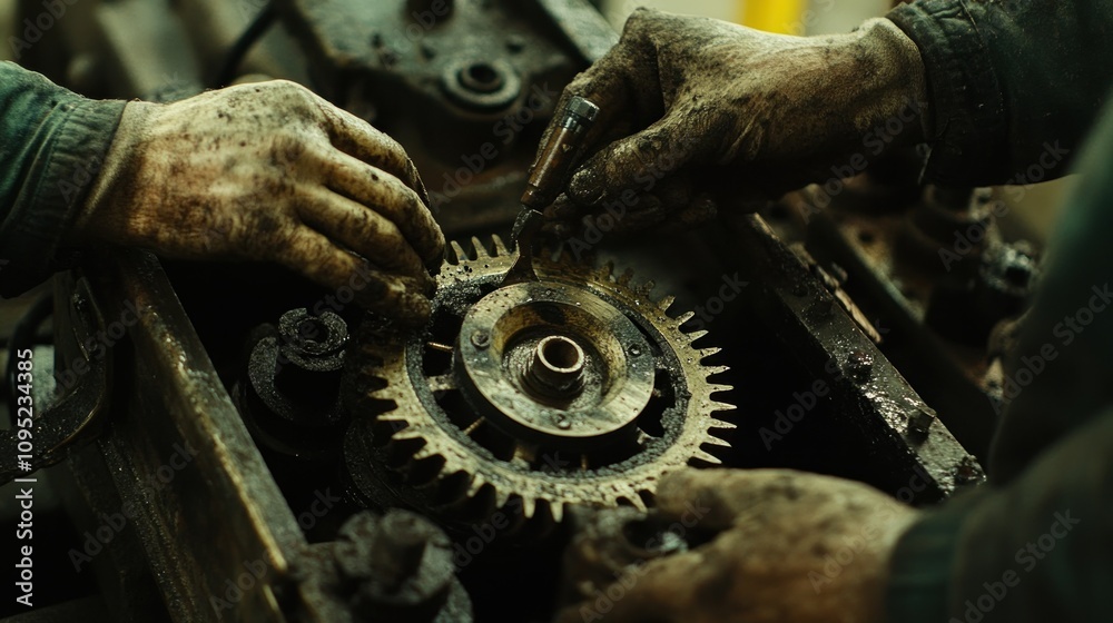 Poster close-up of a mechanic's hands adjusting a large gear in a machine