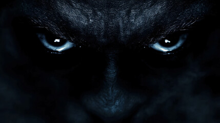 Piercing eyes in darkness, mysterious tone.