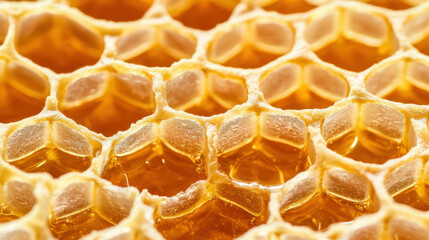 Golden honeycomb dripping with honey, detailed macro.