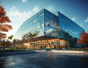 captivating image of a modern office building with a sleek glass facade that epitomizes contemporary architecture.