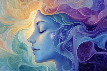 Abstract art portrayal of mental health and mind wellness featuring a serene woman’s face