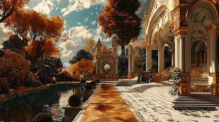 the cuntry, generative ai, landscape, architecture, curtoone, chasny house, background, art nouveau, city, skyline, skyscraper, building, water, lake, nature, autumn, river, sky, tree, reflection, 