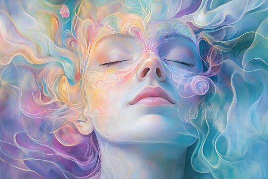 Abstract art portrayal of mental health and mind wellness featuring a serene woman’s face