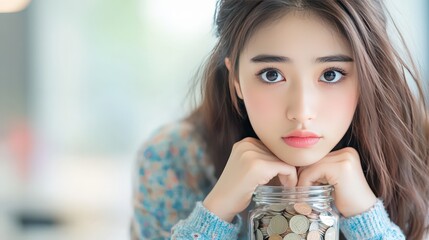 Young Woman Contemplating Savings Coins in Jar Financial Goals Future Planning Money