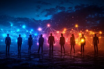Fototapeta premium Silhouettes of Diverse People Connected by Glowing Lines Representing Teamwork, Communication, and Networking in a Modern Digital Landscape
