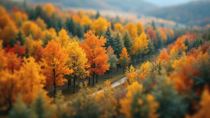 Fototapeta premium Vibrant autumn forest with a serene mood showcasing colorful foliage against a blurred background.