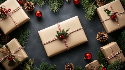 A group of presents with red ribbons and pine cones are arranged on a black background. Scene is festive and joyful, as it is a representation of the holiday season