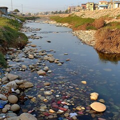 A polluted river filled with trash and debris, showcasing the impact of pollution on natural water bodies.