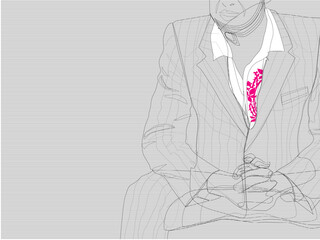 A minimalist, line drawing portrait of a man in a pinstripe suit, featuring a striking floral pattern on his white shirt. A monochromatic sketch of a man, seated and contemplative, hands folded in his