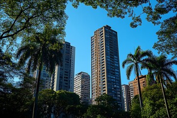 Tranquil Urban Oasis High-Rise Buildings & Lush Greenery