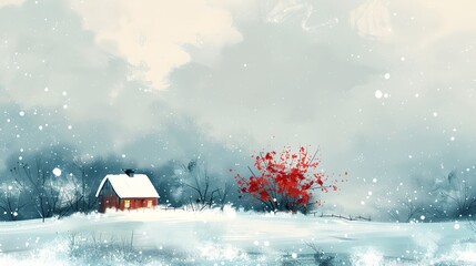 a painting of a snowy landscape with a house and a tree in the foreground