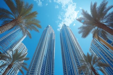 Naklejka premium UAE Skyscrapers Sunlit City Street & Clear Sky