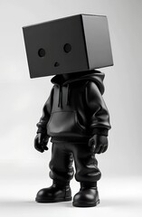  Black box-headed figure in leather outfit on white background
