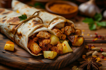 Cinematic view of a burrito filled with potatoes and chicken, seasoned with Indian spices on a grilling plate