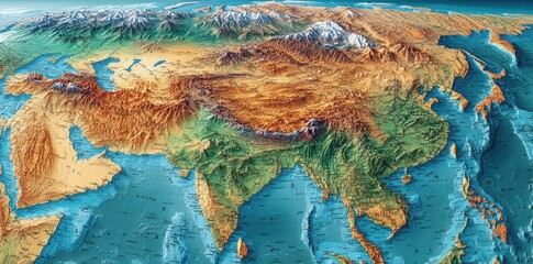 Topographical Map of Asia Showing Terrain and Coastlines