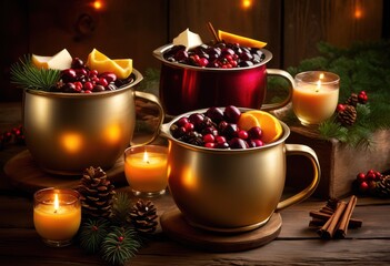 Fototapeta premium decorative festive containers filled assorted seasonal beverages displayed rustic wooden surface warm holiday atmosphere, mug, glass, drink, decoration