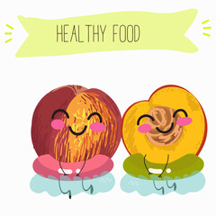 Nectarine fruit cute funny cheerful characters with different poses and activities. Natural vitamin antioxidant detox food collection. Vector hand drawn illistration.