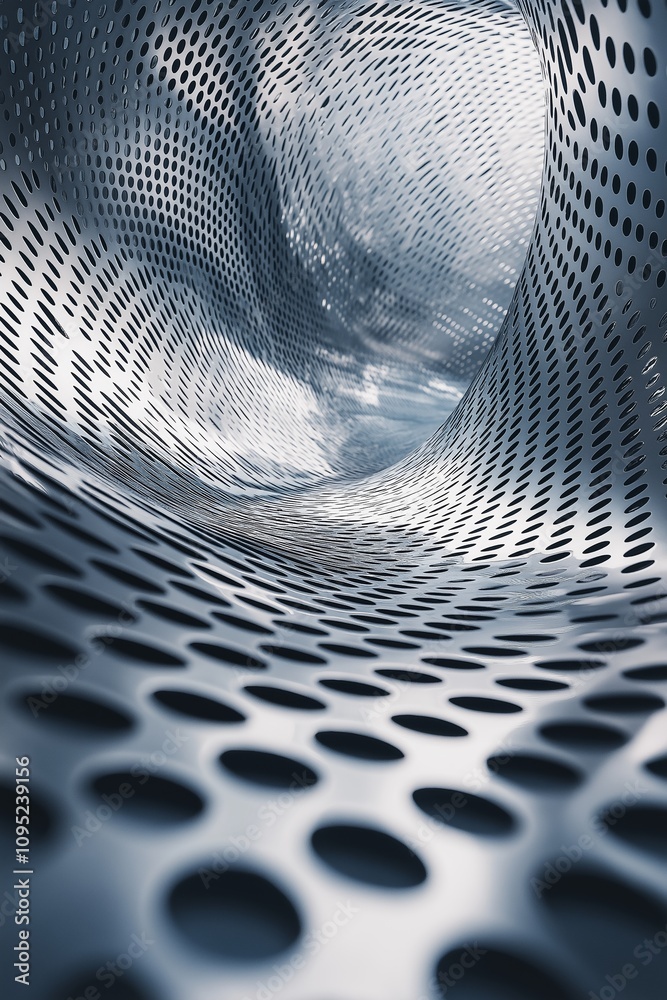 Wall mural a mesmerizing metallic tube with a perforated design creating depth and light effects.