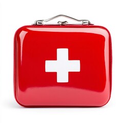 Obraz premium Red First Aid Kit with White Cross Emblem on White Background
